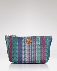 Sunny stripes enliven this lined Tory Burch cosmetics case, which works a laid-back style in printed coated canvas. Sunny stripes enliven this lined Tory Burch cosmetics case, which works a laid-back style in printed coated canvas.