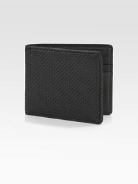 The classic wallet in perforated leather. One bill compartment Six card slots 4½ X 4 Imported The classic wallet in perforated leather. One bill compartment Six card slots 4½ X 4 Imported