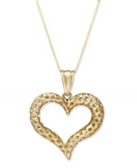 People always say you have a heart of gold - show it to the world in this stunning heart pendant. A hammered surface adds a unique textured look to this stunning open-cut design. Crafted in 14k gold. Approximate length: 18 inches. Approximate pendant length: 1 inch. Approximate pendant width: 3/4 inch. People always say you have a heart of gold - show it to the world in this stunning heart pendant. A hammered surface adds a unique textured look to this stunning open-cut design. Crafted in 14k gold. Approximate length: 18 inches. Approximate pendant length: 1 inch. Approximate pendant width: 3/4 inch.