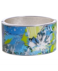 Infuse your look with the bold colors and exotic prints of Brasil. Crafted in silver tone mixed metal Haskell's Palm bangle features blue and green palm leaf details and a hinge clasp. Approximate diameter: 2-1/2 inches. Approximate length: 8 inches. Item comes packaged in a green gift box. Infuse your look with the bold colors and exotic prints of Brasil. Crafted in silver tone mixed metal Haskell's Palm bangle features blue and green palm leaf details and a hinge clasp. Approximate diameter: 2-1/2 inches. Approximate length: 8 inches. Item comes packaged in a green gift box.