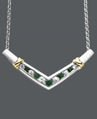 Shapely design with a bold touch of color. This v-shaped necklace features alternating, round-cut emeralds (3/4 ct. t.w.) and white sapphires (3/8 ct. t.w.) in a polished sterling silver and 14k gold setting. Approximate length: 18 inches. Approximate drop width: 1-1/2 inches. Shapely design with a bold touch of color. This v-shaped necklace features alternating, round-cut emeralds (3/4 ct. t.w.) and white sapphires (3/8 ct. t.w.) in a polished sterling silver and 14k gold setting. Approximate length: 18 inches. Approximate drop width: 1-1/2 inches.