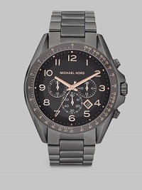 Experience the rich look of brushed and shiny gunmetal stainless steel with rose gold accents and make a timeless style statement.Chronograph movementRound bezelWater resistant to 10ATMDate display at 5 o'clock Second handStainless steel case: 48mm(1.88)Stainless steel braceletImported Experience the rich look of brushed and shiny gunmetal stainless steel with rose gold accents and make a timeless style statement.Chronograph movementRound bezelWater resistant to 10ATMDate display at 5 o'clock Second handStainless steel case: 48mm(1.88)Stainless steel braceletImported