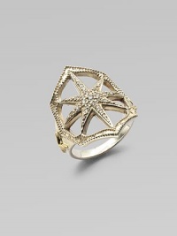 A lovely open star design, shimmering with diamonds, sits within a bead-edged scalloped border of sterling silver atop a smooth band with 14k gold accents.Diamonds, .13 tcwSterling silver and 14k yellow goldDiameter, about ¾Made in USA A lovely open star design, shimmering with diamonds, sits within a bead-edged scalloped border of sterling silver atop a smooth band with 14k gold accents.Diamonds, .13 tcwSterling silver and 14k yellow goldDiameter, about ¾Made in USA