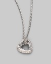 From the Cable Heart Collection. A petite heart of cabled sterling silver, outlined in pavé diamonds on a silver box chain. Diamonds, 0.19 tcw Sterling silver Chain length, about 16 Pendant length, about ½ Lobster clasp Made in USA