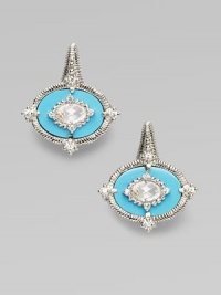 From the Oasis Collection. A gorgeous creation of textured sterling silver punctuated by oval-shaped turquoise, luminous white sapphires, and crystals.Turquoise, white sapphire, crystal Sterling silver Length, about ¾ Post and hinge backs Imported From the Oasis Collection. A gorgeous creation of textured sterling silver punctuated by oval-shaped turquoise, luminous white sapphires, and crystals.Turquoise, white sapphire, crystal Sterling silver Length, about ¾ Post and hinge backs Imported
