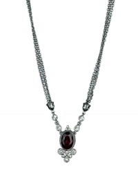 Strikingly stylish. With a faceted red crystal pendant as its centerpiece, T Tahari's Crystal Elegance Collection triple strand necklace is enhanced by dazzling black crystal accents. Crafted in hematite tone mixed metal, it's nickel free for sensitive skin. Approximate length: 18 inches + 3-inch extender. Approximate drop: 1-3/4 inches. Strikingly stylish. With a faceted red crystal pendant as its centerpiece, T Tahari's Crystal Elegance Collection triple strand necklace is enhanced by dazzling black crystal accents. Crafted in hematite tone mixed metal, it's nickel free for sensitive skin. Approximate length: 18 inches + 3-inch extender. Approximate drop: 1-3/4 inches.
