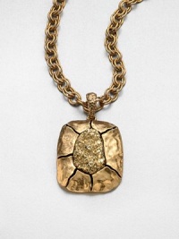 A highly textured pendant on a double link chain. Pewter and brassLength, about 31 to 35 adjustablePendant size, about 3Lobster clasp closureMade in USA A highly textured pendant on a double link chain. Pewter and brassLength, about 31 to 35 adjustablePendant size, about 3Lobster clasp closureMade in USA