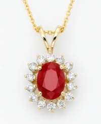 A red hot sensation! Necklace from Royalty Inspired by Effy Collection features an oval-cut ruby (1-3/8 ct. t.w.) surrounded by sparkling round-cut diamonds (3/8 ct. t.w.). Set in 14k gold. Approximate length: 18 inches. Approximate drop: 3/4 inch. A red hot sensation! Necklace from Royalty Inspired by Effy Collection features an oval-cut ruby (1-3/8 ct. t.w.) surrounded by sparkling round-cut diamonds (3/8 ct. t.w.). Set in 14k gold. Approximate length: 18 inches. Approximate drop: 3/4 inch.