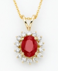 A red hot sensation! Necklace from Royalty Inspired by Effy Collection features an oval-cut ruby (1-3/8 ct. t.w.) surrounded by sparkling round-cut diamonds (3/8 ct. t.w.). Set in 14k gold. Approximate length: 18 inches. Approximate drop: 3/4 inch.