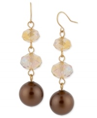 Good things come in threes. Kenneth Cole New York's triple drop earrings are crafted from gold-tone mixed metal with brown glass pearls and cherry beads coming together for a stylish statement. Item comes packaged in a signature Kenneth Cole New York Gift Box. Approximate drop: 2-1/4 inches. Good things come in threes. Kenneth Cole New York's triple drop earrings are crafted from gold-tone mixed metal with brown glass pearls and cherry beads coming together for a stylish statement. Item comes packaged in a signature Kenneth Cole New York Gift Box. Approximate drop: 2-1/4 inches.
