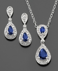 Bask in elegance. This beautiful teardrop matched pendant and earrings set features pear-cut sapphire (1-3/8 ct. t.w.) and round-cut diamond (1/10 ct. t.w.) set in sterling silver. Approximate length: 18 inches. Approximate pendant drop: 1 inch. Approximate earring drop: 3/4 inch. Item comes in a convenient red gift box, while supplies last. Bask in elegance. This beautiful teardrop matched pendant and earrings set features pear-cut sapphire (1-3/8 ct. t.w.) and round-cut diamond (1/10 ct. t.w.) set in sterling silver. Approximate length: 18 inches. Approximate pendant drop: 1 inch. Approximate earring drop: 3/4 inch. Item comes in a convenient red gift box, while supplies last.