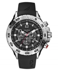 Sporty and stylish: this Nautica watch features a black resin logo strap and stainless steel case. Tachymeter bezel. Black chronograph dial with logo, date window and three subdials. Quartz movement. Water resistant to 100 meters. Five-year limited warranty. Sporty and stylish: this Nautica watch features a black resin logo strap and stainless steel case. Tachymeter bezel. Black chronograph dial with logo, date window and three subdials. Quartz movement. Water resistant to 100 meters. Five-year limited warranty.