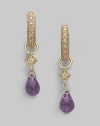 18K white gold shimmers with a diamond accent and vibrant amethyst briolette drop.Diamond, 0.03 tcw Amethyst 18K yellow gold Length, about ½ Imported Please note: Hoop earrings sold separately. 