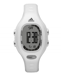 Power hour. This bright white Naloa watch by adidas crafted of polyurethane strap with shiny metallic finish and round plastic case with logo at bezel. Positive display digital dial features time, date, stopwatch and 10-lap memory. Quartz movement. Water resistant to 100 meters. Two-year limited warranty. Power hour. This bright white Naloa watch by adidas crafted of polyurethane strap with shiny metallic finish and round plastic case with logo at bezel. Positive display digital dial features time, date, stopwatch and 10-lap memory. Quartz movement. Water resistant to 100 meters. Two-year limited warranty.