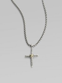 From the Thoroughbred Collection. A delicate cabled cross of sterling silver wrapped in 14k yellow gold on a sterling silver box link chain. Sterling silver with 14k gold accent Cross length, about 1 Chain length, about 16 Lobster clasp Made in USA From the Thoroughbred Collection. A delicate cabled cross of sterling silver wrapped in 14k yellow gold on a sterling silver box link chain. Sterling silver with 14k gold accent Cross length, about 1 Chain length, about 16 Lobster clasp Made in USA