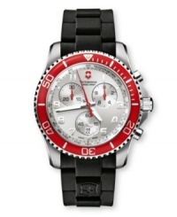 Race to the finish with this elegantly refined and multifunctional sport watch from Victorinox Swiss Army. Black rubber strap. Round stainless steel case with anti-reflective sapphire crystal and bright red unidirectional rotating bezel. Striking silvertone chronograph dial features three subdials, tachymeter scale, luminous hands, logo and numeral indices. Swiss movement. Water resistant to 100 meters. Three-year limited warranty. Race to the finish with this elegantly refined and multifunctional sport watch from Victorinox Swiss Army. Black rubber strap. Round stainless steel case with anti-reflective sapphire crystal and bright red unidirectional rotating bezel. Striking silvertone chronograph dial features three subdials, tachymeter scale, luminous hands, logo and numeral indices. Swiss movement. Water resistant to 100 meters. Three-year limited warranty.