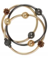 Stack up fiery style. Kenneth Cole New York's three bangle set features shimmering faceted fireball beads. Crafted in gold tone and hematite tone mixed metal. Bracelets stretch to fit wrist. Approximate diameter: 2-1/4 inches. Stack up fiery style. Kenneth Cole New York's three bangle set features shimmering faceted fireball beads. Crafted in gold tone and hematite tone mixed metal. Bracelets stretch to fit wrist. Approximate diameter: 2-1/4 inches.