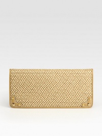 A soft, woven envelope bag finished with goldtone hardware and a chic chain strap.Removable chain shoulder strap, 10 dropFlap snap closureOne outside open pocketOne inside zip pocketOne inside open pocketSuede lining12W X 6H X 1¼D77% polyproylene/20% calfskin/3% polyesterImported A soft, woven envelope bag finished with goldtone hardware and a chic chain strap.Removable chain shoulder strap, 10 dropFlap snap closureOne outside open pocketOne inside zip pocketOne inside open pocketSuede lining12W X 6H X 1¼D77% polyproylene/20% calfskin/3% polyesterImported
