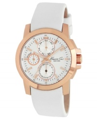 Warm up to a new, on-trend look with this rosy-hued and white-washed watch from Kenneth Cole New York. Warm up to a new, on-trend look with this rosy-hued and white-washed watch from Kenneth Cole New York.