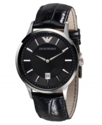 A handsome watch with attractive dark hues, by Emporio Armani. Black croc-embossed patent leather strap and round stainless steel case. Black dial with silvertone stick indices, logo and date window. Quartz movement. Water resistant to 50 meters. Two-year limited warranty. A handsome watch with attractive dark hues, by Emporio Armani. Black croc-embossed patent leather strap and round stainless steel case. Black dial with silvertone stick indices, logo and date window. Quartz movement. Water resistant to 50 meters. Two-year limited warranty.