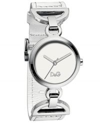 Simply stunning design by D&G. Contemporary watch crafted of white leather strap connects to round stainless steel case with D-shaped links. Silver tone dial features three hands and logo. Quartz movement. Water resistant to 30 meters. Two-year limited warranty. Simply stunning design by D&G. Contemporary watch crafted of white leather strap connects to round stainless steel case with D-shaped links. Silver tone dial features three hands and logo. Quartz movement. Water resistant to 30 meters. Two-year limited warranty.