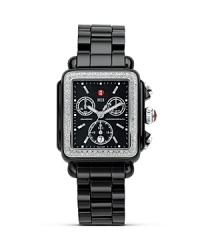 Michele's Deco ceramic watch is effortlessly chic. The sparkling diamonds, black mother-of-pearl dial, and Swiss chronograph movement make it distinctively Michele. Michele's Deco ceramic watch is effortlessly chic. The sparkling diamonds, black mother-of-pearl dial, and Swiss chronograph movement make it distinctively Michele.