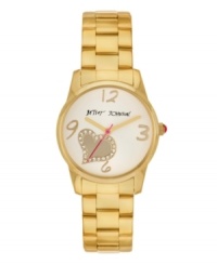 Sweet girls arrive on time! Watch by Betsey Johnson crafted of polished gold tone stainless steel bracelet and round case. White dial features applied gold tone numerals at twelve, three, six and nine o'clock, gold tone crystal-accented heart graphic, gold tone hour and minute hands, signature fuchsia second hand and logo. Quartz movement. Water resistant to 30 meters. Two-year limited warranty. Sweet girls arrive on time! Watch by Betsey Johnson crafted of polished gold tone stainless steel bracelet and round case. White dial features applied gold tone numerals at twelve, three, six and nine o'clock, gold tone crystal-accented heart graphic, gold tone hour and minute hands, signature fuchsia second hand and logo. Quartz movement. Water resistant to 30 meters. Two-year limited warranty.