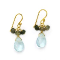 Gold Plated Sterling Silver Crystal Briolette Drops and Stone Cluster Earrings, Aqua Gold Plated Sterling Silver Crystal Briolette Drops and Stone Cluster Earrings, Aqua