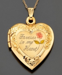 Keep loved ones close with this beautiful 14k gold heart locket. Embellished with elegant engraving, this locket proclaims its contents are Forever in my heart. Approximate length: 18 inches. Approximate drop: 1 inch. Keep loved ones close with this beautiful 14k gold heart locket. Embellished with elegant engraving, this locket proclaims its contents are Forever in my heart. Approximate length: 18 inches. Approximate drop: 1 inch.