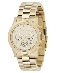 MICHAEL Michael Kors classic chronograph three-link bracelet watch in stainless steel. Round yellow goldtone dial with Arabic numbers. Three subdials and date display. MICHAEL Michael Kors classic chronograph three-link bracelet watch in stainless steel. Round yellow goldtone dial with Arabic numbers. Three subdials and date display.