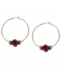 Style takes center stage in this pair of hoop earrings from Kenneth Cole New York. Crafted from gold-tone mixed metal, the earrings are offset with hematite-tone spacers surrounding red pave crystal accents for fashionable appeal. Approximate drop: 2-1/4 inches. Style takes center stage in this pair of hoop earrings from Kenneth Cole New York. Crafted from gold-tone mixed metal, the earrings are offset with hematite-tone spacers surrounding red pave crystal accents for fashionable appeal. Approximate drop: 2-1/4 inches.