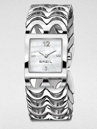 Sculptural B shaped open links and a lustrous mother-of-pearl dial create sleek sophstication in this stunning timepiece.Quartz movementWater resistant to 5 ATMStainless steel case, 24mm square (.94)Polished bezelMother-of-pearl dialArabic numerals and crystal hour markersB link braceletImported Sculptural B shaped open links and a lustrous mother-of-pearl dial create sleek sophstication in this stunning timepiece.Quartz movementWater resistant to 5 ATMStainless steel case, 24mm square (.94)Polished bezelMother-of-pearl dialArabic numerals and crystal hour markersB link braceletImported