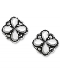 Postmodern panache. Genevieve & Grace takes these earrings in an elegant direction with marcasite in a teardrop motif. Set in sterling silver. Approximate diameter: 3/8 inch. Postmodern panache. Genevieve & Grace takes these earrings in an elegant direction with marcasite in a teardrop motif. Set in sterling silver. Approximate diameter: 3/8 inch.
