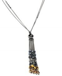 Fashion without limits. This drop necklace from c.A.K.e. by Ali Khan features tassel chains showcasing faceted cubes and stones in colorful hues. Crafted in hematite tone mixed metal. Approximate length: 30 inches + 3-inch extender. Approximate drop: 5 inches. Fashion without limits. This drop necklace from c.A.K.e. by Ali Khan features tassel chains showcasing faceted cubes and stones in colorful hues. Crafted in hematite tone mixed metal. Approximate length: 30 inches + 3-inch extender. Approximate drop: 5 inches.