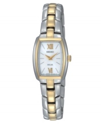 Luminous innovation in a timeless appearance, a solar-powered watch by Seiko. Crafted of stainless steel bracelet with gold-tone accents and rectangular case with gold-tone bezel. White dial features silver-tone applied stick indices, gold-tone Roman numerals at twelve and six o'clock, gold-tone two hands and logo at twelve o'clock. Solar-powered quartz movement. Water resistant to 50 meters. Three-year limited warranty. Luminous innovation in a timeless appearance, a solar-powered watch by Seiko. Crafted of stainless steel bracelet with gold-tone accents and rectangular case with gold-tone bezel. White dial features silver-tone applied stick indices, gold-tone Roman numerals at twelve and six o'clock, gold-tone two hands and logo at twelve o'clock. Solar-powered quartz movement. Water resistant to 50 meters. Three-year limited warranty.