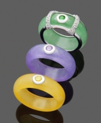 Beautiful bands in brilliant, vivid colors. Choose from green, purple, or yellow jade rings (8 mm) and slip on an intricate sterling silver setting to complete the look. Size 7. Beautiful bands in brilliant, vivid colors. Choose from green, purple, or yellow jade rings (8 mm) and slip on an intricate sterling silver setting to complete the look. Size 7.