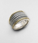 From the Wheaton Collection. A strikingly simple design combining woven rows of sterling silver with polished edges of 18k yellow gold. Sterling silver and 18k yellow gold Made in USA