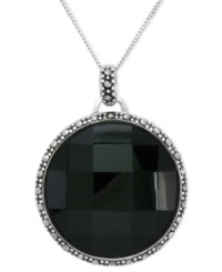 Elegant in onyx. Genevieve & Grace puts a faceted onyx (26 ct. t.w.) front and center in its necklace and pendant, with marcasite adding to the appeal. Set in sterling silver. Approximate length: 18 inches. Approximate drop: 1-5/8 inches. Approximate diameter: 1-1/4 inches. Elegant in onyx. Genevieve & Grace puts a faceted onyx (26 ct. t.w.) front and center in its necklace and pendant, with marcasite adding to the appeal. Set in sterling silver. Approximate length: 18 inches. Approximate drop: 1-5/8 inches. Approximate diameter: 1-1/4 inches.
