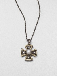 A Maltese cross in sterling silver and 18k gold accented with brilliant grey diamonds and a luminous pearl. Cultured freshwater pearlGrey diamonds, .1 tcwSterling silver18k goldLength, about 16Size, about 1Lobster clasp closureImported A Maltese cross in sterling silver and 18k gold accented with brilliant grey diamonds and a luminous pearl. Cultured freshwater pearlGrey diamonds, .1 tcwSterling silver18k goldLength, about 16Size, about 1Lobster clasp closureImported