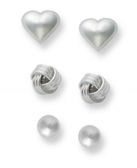 The perfect set. Giani Bernini's three pair stud earrings set is crafted in sterling silver and features beads, love knots and hearts. Approximate diameters: 1/6 inch (ball stud); 1/5 inch (heart stud); 1/5 inch (knot stud). The perfect set. Giani Bernini's three pair stud earrings set is crafted in sterling silver and features beads, love knots and hearts. Approximate diameters: 1/6 inch (ball stud); 1/5 inch (heart stud); 1/5 inch (knot stud).