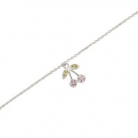 Sterling Silver 9 + 1 Inch Extension Rhodium Plated Anklet with CZ Cherry Drop Sterling Silver 9 + 1 Inch Extension Rhodium Plated Anklet with CZ Cherry Drop