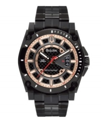 Make a quiet statement. Sleek black on black Precisionist watch by Bulova crafted of black anodized stainless steel bracelet and round case. Four lugs and white stick indices at bezel. Textured black dial features rose-gold tone stick indices, date window at three o'clock, rose-gold tone inner and outer rings, luminous hour and minute hands, continuously sweeping red second hand, and logo. Quartz movement. Water resistant to 300 meters. Three-year limited warranty. Make a quiet statement. Sleek black on black Precisionist watch by Bulova crafted of black anodized stainless steel bracelet and round case. Four lugs and white stick indices at bezel. Textured black dial features rose-gold tone stick indices, date window at three o'clock, rose-gold tone inner and outer rings, luminous hour and minute hands, continuously sweeping red second hand, and logo. Quartz movement. Water resistant to 300 meters. Three-year limited warranty.