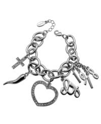 Show your love for GUESS! This charmer of a bracelet from GUESS features a cut-out heart charm and cross charm embellished with crystal accents. Finished with solid logo charms. Set in imitation rhodium silver tone mixed metal with a lobster claw clasp. Approximate length: 7-1/2 inches. Approximate drop: 1 inch. Show your love for GUESS! This charmer of a bracelet from GUESS features a cut-out heart charm and cross charm embellished with crystal accents. Finished with solid logo charms. Set in imitation rhodium silver tone mixed metal with a lobster claw clasp. Approximate length: 7-1/2 inches. Approximate drop: 1 inch.