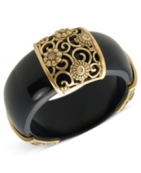 Intricately ornate. This black cuff bracelet from T Tahari, part of its Deco Lace Collection, features gold-tone details and glass crystals for a stylish statement. Approximate diameter: 2 inches. Intricately ornate. This black cuff bracelet from T Tahari, part of its Deco Lace Collection, features gold-tone details and glass crystals for a stylish statement. Approximate diameter: 2 inches.