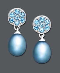 Get glamorous in blue hues. Fresh by Honora earrings feature a blue cultured freshwater pearl drop (7-7-1/2 mm) and sparkling blue topaz accents. Set in sterling silver. Approximate drop: 3/8 inch. Get glamorous in blue hues. Fresh by Honora earrings feature a blue cultured freshwater pearl drop (7-7-1/2 mm) and sparkling blue topaz accents. Set in sterling silver. Approximate drop: 3/8 inch.