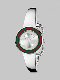 From the U-Play Collection. This streamlined stainless steel timepiece features a bezel of iconic stripes.Quartz movement Water resistant to 3 ATM Green and red bezel Round stainless steel case, 27mm, (1.06) Silver dial Anti-reflective coating Stainless steel bangle bracelet Jewelry clasp closure Made in Switzerland From the U-Play Collection. This streamlined stainless steel timepiece features a bezel of iconic stripes.Quartz movement Water resistant to 3 ATM Green and red bezel Round stainless steel case, 27mm, (1.06) Silver dial Anti-reflective coating Stainless steel bangle bracelet Jewelry clasp closure Made in Switzerland