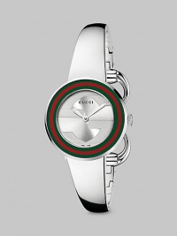 From the U-Play Collection. This streamlined stainless steel timepiece features a bezel of iconic stripes.Quartz movement Water resistant to 3 ATM Green and red bezel Round stainless steel case, 27mm, (1.06) Silver dial Anti-reflective coating Stainless steel bangle bracelet Jewelry clasp closure Made in Switzerland