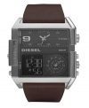 Diesel created the ultimate watch for the man who's always in three places at once. Brown leather strap and square stainless steel case, 49x54mm. Gunmetal dial features rectangular analog subdial at top, circular analog subdial at bottom right and negative display digital dial at bottom left. Quartz movement. Water resistant to 50 meters. Two-year limited warranty.