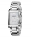 Classic good taste for every day. Watch by Emporio Armani crafted of stainless steel bracelet and rectangular case. Mother-of-pearl dial features silver tone Roman numerals at markers, black minute track, two silver tone hands and logo. Quartz movement. Water resistant to 30 meters. Two-year limited warranty.