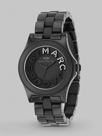 A smart black finish and a sparkle logo create drama in a watch that puts a little fun in function. Quartz movement Water-resistant to 3ATM Round stainless steel case, 40mm diameter (1.57) Black plastic dial with logo letter hour markers and rhinestone Marc Second hand Black plastic link bracelet; 20mm (.79) Imported A smart black finish and a sparkle logo create drama in a watch that puts a little fun in function. Quartz movement Water-resistant to 3ATM Round stainless steel case, 40mm diameter (1.57) Black plastic dial with logo letter hour markers and rhinestone Marc Second hand Black plastic link bracelet; 20mm (.79) Imported